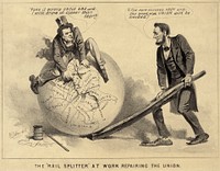 "The Rail Splitter Repairing the Union" — a political cartoon of Andrew Johnson and Abraham Lincoln from 1865, during the Reconstruction era of the United States (1863–1877). Cartoon print shows Vice President Andrew Johnson sitting atop a globe, attempting to stitch together the map of the United States with needle and thread. Abraham Lincoln stands, right, using a split rail to position the globe. Johnson warns, "Take it quietly Uncle Abe and I will draw it closer than ever." While Lincoln commends him, "A few more stitches Andy and the good old Union will be mended."