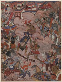 This large-scale painting depicts the Battle of Mazandaran, an event in the Persian romance of the mythical adventures and battles of Amir Hamzah, the uncle of the Prophet Muhammad, recorded in the famous "Hamzahnamah" (Book of Hamzah). The "Hamzahnamah" was begun around 1564 under the sponsorship of the Mughal Emperor Akbar (r. 1556-1605) and was completed in approximately fifteen years. A number of the manuscript's original folios totaling 1,400 in number -- including this painting and its attending text (1-90-154.188 V) -- were brought together, exhibited, and published in 2002 (Seyller 2002: 262-3, fig. 41).This painting is number 38 in the 7th volume of the "Hamzahnamah", as inscribed between the legs of the man in the bottom center. It depicts a battle scene in which the protagonists Khwajah 'Umar and Hamzah (nicknamed Sahib Qiran, "Owner of the Epochs") and their armies engage in fierce battle. Originally, the faces were depicted, subsequently erased by iconoclasts, and repainted in more recent times. Only the face of the groom wearing an orange turban in the center of the left edge has been left untouched. Immediately above this figure, a soldier in a studded gold tunic has a disjointed face, revealing how an old border was removed and faces retouched.Approximately 50 painters worked on the project under the supervision of the famous artists Mir Sayyid 'Ali and 'Abd al-Samad, who both had worked ca. 1522-35 on the royal "Shahnamah" of the Safavid ruler Shah Tahmasp (see Dickson and Welch 1981). Although a number of paintings are linked to specific artists, this one does not bear a particular attribution mark.The large-scale text panel on the verso describes the Battle of Mazandaran. The text is executed in black nasta'liq script on a large beige sheet of paper that bears substantial water damage. The last three lines also exhibit the crowded writing that is seen frequently in the manuscript as the scribe(s) struggled to complete the narrative account on each text page.