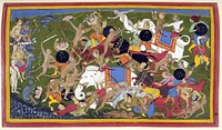 Battle at Lanka, Ramayana, by Sahib Din. Battle between the armies of Rama and the King of Lanka. Udaipur, 1649-1653. "Sahib Din's illustration shows in grisly detail a fierce landmark battle. It takes place between Rama's army of monkeys and the King of Lanka's army of demons, as Rama (together with the only other human, his brother Lakshmana) fights to free Rama's kidnapped wife Princess Sita. Following a gruesome series of hand-to-hand combats, the fortitude of Rama's monkey army wins through. The illustration is not a 'single frame', but shows several stages of the battle alongside each other. For example, in this scene of battle between the demons and Rama's monkey army, the three-headed figure of the demon general Trisiras occurs in several places – perhaps most dramatically at the bottom left, where he is shown beheaded by Hanuman. The ultimately victorious Rama is shown at the top left, splendidly coloured in blue, calmly contemplating the carnage."