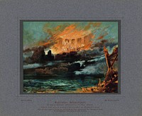 "Bayreuther Bühnenbilder. Der Ring der Nibelungen. Götterdämmerung, III. Aufzug Schlussbild" - Reproduction of the set design by Max Brückner of the final scene from Richard Wagner's en:Götterdämmerung, showing Valhalla on fire. The German text makes it clear this is the "Genuine and only authorized color reproduction of the painted original by Royal Councillor Prof. Max Brückner in Coburg for the Bayreuth Festival Theatre."