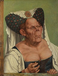 It was probably intended to satirise old women who try inappropriately to recreate their youth, rather than as a portrait of a specific person. [1]Pendant of Portrait of an old man, by Quinten Matsys