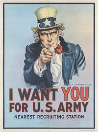 Flagg used the familiar figure of "Uncle Sam" and thus created the most famous and even today still used recruiting poster by the US Army. From April 1917 to autumn of 1918 more than four million pieces of it were printed. This print was probably made in 1975