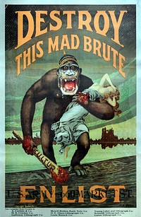 USA. H. R. Hopps (1869-1937). Destroy this Mad Brute (Destroy this crazy brute). 1917. 82 x 59 cm. (Slg.Nr. 3262) The illustration on the poster (as well as in the film of 1930) goes back to the figure of the people consuming monkeys in the work of the French painter and sculptor Gustave Doré. The German humanity is represented as a giant ape with Pickelhaube absolutely denied. In one hand he holds a with "Culture" Marked bloody mace, an allusion to the "Manifesto of the 93", a statement of 93 major intellectuals and artists of the German Empire in favor of the war. The kidnapped woman, clutching should represent the German-occupied neutral Belgium. After German submarines had actually reached American shores, and the unrealistic fear but effective scenario was set up a US invasion by the German army.