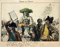 Jean-Paul Marat with crown of laurel leaves carried on shoulders of man around whom others are crowded; celebrating his acquittal by Revolutionary Tribunal.Etching with watercolor.Translation:Top: Marat's triumphLeft: new song: there is only one/ black heart/ to be contradicted/ Marat lives/ Marat lives/ Etc.Right: Judgment of the revolutionary tribunal: it declares Paul Marat innocent and orders him to be freed immediately.Bottom: immortal defender of the people and their rights, he overthrew the nobles and the monarchy, founded equality upon the king’s fall out of Civic Virtue—let us offer him laurels.
