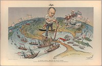 A satirical political cartoon reflecting America's imperial ambitions following quick and total victory in the Spanish American War of 1898.