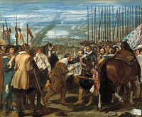 Español: La obra representa el momento en que Justino de Nassau rindió la ciudad de Breda, en 1625, a las tropas españolas al mando del general Ambrosio Spínola, que aparece recibiendo las llaves de la ciudad de manos de su enemigo.Français : L'œuvre représente le moment où Justin de Nassau, en 1625, se rend au général commandant les troupes espagnoles Ambrogio Spinola, après le siège de Bréda, ville située au sud de l'actuel Pays-Bas. Huile sur toile peinte entre 1634 et 1635 par Diego Vélasquez, exposée au musée du Prado à Madrid.