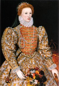 The "Darnley Portrait" of Elizabeth I of England. It was named after a previous owner. Probably painted from life, this portrait is the source of the face pattern called "The Mask of Youth" which would be used for authorized portraits of Elizabeth for decades to come. Recent research has shown the colours have faded. The oranges and browns would have been crimson red in Elizabeth's time.