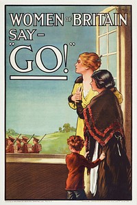 Poster, ’Women of Britain say - "Go!" ’, May 1915, United Kingdom, poster No. 75 by Parliamentary Recruiting Committee, Hill, Siffken & Co. (L.P.A. Ltd.), E J Kealey. Gift of Department of Defence, 1919. Te Papa (GH016292)Restored by Adam Cuerden. Notes: Cleanup of scratches, stains, and a few minor printing blobs; fixed minor distortion from true rectangle (~10 px or so) likely from paper not being flat; levels adjusted, paper border selectively lightened slightly.