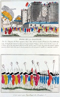 A 1789 French hand tinted etching that depicts the storming of the Bastille during the French RevolutionEnglish translation:First captionStorming of the Bastille::The citizens of Paris led by the Gardes Françaises on the 14th of July 1789. Building of this fortification started in 1369 during the reign of Charles V. Hugues Aubriot, a native of Dijon and Provost of Paris, laid the first stone. Construction was completed in 1382. Aubriot was born in Dijon. He became one of the first prisoners of the Bastille, imprisoned under the pretext of heresy. He was liberated by the Parisians during the troubles that stirred the capital, and escaped to his motherland.Second captionThis is how we punish traitors.