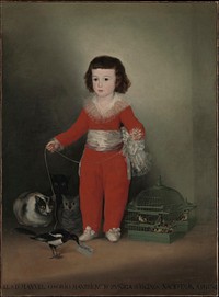 In this portrait, the sitter is the son of the Count and Countess of Altamira. In a splendid red costume, he is shown playing with a pet magpie (which holds the painter's calling card in its beak), a cage full of finches, and three wide-eyed cats. The portrait has also been known as the "Red Boy" since the early twentieth century.