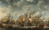 Naval battle near Ter Heijde on 10 August 1653, during the First Anglo-Dutch War. In the middle the Brederode, the Dutch flagship of Maarten Tromp is in combat with the English flagship Resolution under the command of admiral Monk.
