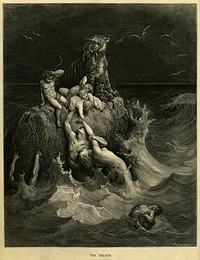 "The Deluge", Frontispiece to Doré's illustrated edition of the Bible. Based on the story of Noah's Ark, this shows humans and a tiger doomed by the flood futilely attempting to save their children and cubs.