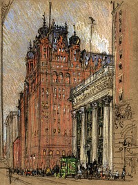 Waldorf Astoria Hotel, Thirty-Fourth Street and Fifth Avenue (original location). 1 drawing on brown paper : colored crayons over pencil sketch ; sheet 29.3 x 23.1 cm.