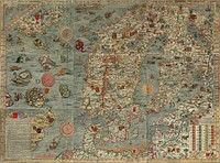 Carta marina, a wallmap of w:Scandinavia. The caption reads : Marine map and Description of the Northern Lands and of their Marvels, most carefully drawn up at Venice in the year 1539 through the generous assistance of the Most Honourable Lord Hieronymo Quirino.