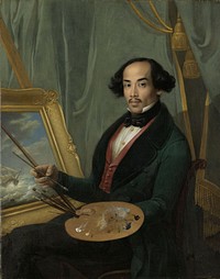 Portrait of the painter Raden Saleh, sitting in front of a marine painting, holding a palette in his left hand and a brush and a maulstick in his right.