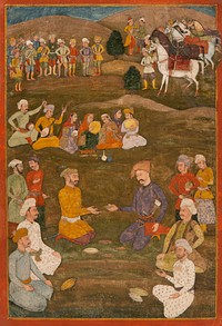 This painting is depicting Shah Abbas receiving the Mughal ambassador Khan ‘ Alam in 1618. Shah Abbas sits to the right of the composition in the middle of a hilly landscape offering a gold wine cup to the Mughal ambassador. Their suite composed by dignitaries, musicians and pages surrounds them.A nasta’liq inscription identifying the scene has been rubbed at the bottom of the painting.A closely related painting of a later date is kept in the collection of the British Museum and published in: Canby, S. (2009) Shah ‘Abbas – The Remaking of Iran, London: The British Museum Press, p. 63.Our painting might be the prototype for the British Museum’s painting.Another painting related in the treatment of the composition and the figures, recently acquired by the Custodia Foundation, is ascribed to the painter Farhad (Inv. 2009-T.23).