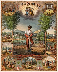 "Gift for the Grangers", 1873 print promoting U.S. farmers' organization. The upper left inset shows "Farmer's fireside" (scene of a farming family leading a rather middle-class lifestyle), upper right inset shows "Grange in session", Lower left inset shows "Harvest dance", lower center inset shows signposts of "Ignorance" and "Sloth" pointing towards broken-down cabin, and lower right inset shows Biblical scene of "Ruth and Boaz" (gleaners in the fields). The central scene shows a farmer with one foot on his shovel above the quote "I Pay for All." This last is taken from the old British inn-sign of the "Five Alls" or "Four Alls", which occurred in a number of variations, but usually included a monarch saying "I rule (for) all" or "I govern all", a bishop or minister saying "I pray for all", a soldier saying "I fight for all", and a farmer saying "I pay for all". (Modern versions often show John Bull as the one who pays for all, as in File:Chepstow - The Five Alls inn sign - geograph.org.uk - 484144.jpg, but see File:March of Roguery CGrant 1830 caricature Five Alls.jpg for a nineteenth-century version with a farmer in lowest position.)TITLEGift for the grangers / J. Hale Powers & Co. Fraternity & Fine Art Publishers, Cin'ti. ; Strobridge & Co. Lith. Cincinnati, O.CALL NUMBERPGA - Strobridge--Gift for the grangers (C size) [P&P]REPRODUCTION NUMBERLC-DIG-ppmsca-02956 (digital file from original)LC-USZC4-4642 (color film copy transparency)LC-USZC6-12 (color film copy transparency)LC-USZC4-476 (color film copy transparency)LC-USZ62-1048 (b&w film copy neg.)SUMMARYPromotional print for Grange members showing scenes of farming and farm life.MEDIUM1 print : chromolithograph.CREATED/PUBLISHEDCincinnati, O. : J. Hale Powers & Co., c1873.CREATORStrobridge & Co. Lith.NOTESPublished in: Eyes of the nation : a visual history of the United States / Vincent Virga and curators of the Library of Congress ; historical commentary by Alan Brinkley. New York : Knopf, 1997.SUBJECTSNational Grange--1870-1880.Farmers' groups--1870-1880.Farming--1870-1880.Country life--1870-1880.FORMATChromolithographs Color 1870-1880.REPOSITORYLibrary of Congress Prints and Photographs Division Washington, D.C. 20540 USADIGITAL ID(digital file from original) ppmsca 02956 http://hdl.loc.gov/loc.pnp/ppmsca.02956(color film copy transparency LC-USZC4-4642) cph 3g04642 http://hdl.loc.gov/loc.pnp/cph.3g04642(color film copy transparency LC-USZC6-12) cph 3b53241 http://hdl.loc.gov/loc.pnp/cph.3b53241(color film copy transparency LC-USZC4-476) cph 3b51986 http://hdl.loc.gov/loc.pnp/cph.3b51986(b&w film copy neg.) cph 3a04915 http://hdl.loc.gov/loc.pnp/cph.3a04915VIDEO FRAME IDLCPP003B-53241 (from color film copy transparency LC-USZC6-12)LCPP003B-51986 (from color film copy transparency LC-USZC4-476)LCPP003A-04915 (from b&w film copy neg.)CONTROL #96512563