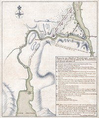 Project for the attack of Ticonderoga, proposed to be put in execution as near as the circumstances and ground will admit of. Scale ca. 1:15,400. Manuscript, pen-and-ink and watercolor. Relief shown by hachures.Includes index to military positions.