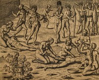 Cannibalism in Brazil in 1557 as described by Hans Staden (b. around 1525 – Wolfhagen, 1579). Gravure de Théodore de Bry, 1562