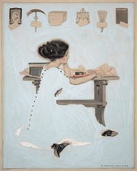 "Know all men by these presents": Cover illustration shows a woman seated on the floor next to a table whose surface is covered with gifts. Above gifts from various gentlemen callers are displayed: a photograph, a corkscrew, a box, a purse, a fan and the book Of the Imitation of Christ. The blue in the woman's dress matches the blue of the background, creating a sense of negative space, typical of Phillips' "Fade-away girl". Published as cover illustration: Life magazine, January 27, 1910. One drawing: gouache, watercolor and charcoal over graphite underdrawing. Digital file from original. The name of the illustration is a play on a common introduction to a legal or official document, calling on all who see the document to take notice of its contents or subject matter.