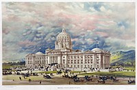 Print showing 1896 artist's conception of the state capitol building in Helena, Montana with busy street scene of carriages and coaches, and large groups of people standing on steps and at entrances to the building. 1 print : chromolithograph.