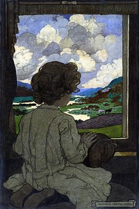 "The Journey": Illustration depicts a young boy absorbed in watching the scenery from his seat in a railway car for a series of poems by Josephine Preston Peabody entitled "The Little Past." The poems relate experiences of childhood from a child's perspective. Published in: "The Little Past : the Journey" by Josephine Preston Peabody, Harper's magazine, 108:95 (Dec. 1903). 1 painting : oil. Digital file from original.