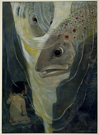 "Oh, don't hurt me! cried Tom. I only want to look at you; you are so handsome" A charcoal, watercolor, and oil painting by Jessie Willcox Smith. Published in The Water Babies by Charles Kingsley. New York: Dodd, Mead & Co., 1916, p. 140.