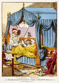 Edit of File:Tameing a Shrew; or, Petruchio's Patent Family Bedstead, Gags & Thumscrews.png by User:Durova. "Tameing a Shrew; or, Petruchio's Patent Family Bedstead, Gags & Thumscrews" - a deeply misogynist satirical caricature by "Williams", referencing Shakespeare's The Taming of the Shrew. The man's wife is forced into complete subjugation to the husband, and a sign hangs above her, quoting a line from the wedding service of the time: "Love, honour, and OBEY". See The Satirical Gaze by Cindy McCreery, page 153.From Thomas Tegg's Caricature Magazine, 1815.