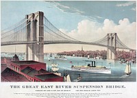 Chromolithograph of the Brooklyn Bridge in the City of New York, New York, United States, by Currier and Ives. Original caption:The great East River suspension bridge.Connecting the cities of New York and Brooklyn. View from Brooklyn, looking west.The Bridge crosses the river by a single span of 1,595 feet suspended by four cables, 15½ inches in diameter, each composed of 5,434 parallel steel wires. Strength of each cable, 12,000 tons. Length of each land span, 930 feet. New York approach, 1,562½ feet. Brooklyn approach, 971 feet. Total length of Bridge and approaches, 5,988 feet 6 inches. Height of Towers, 278 feet. Height of Roadway above high water, at towers, 119 feet 3 inches, at centre of span, 135 feet. Width of Bridge, 85 feet, with tracks for cars, roadway for carriages, and walks for foot passengers. The Bridge is lighted at night by the United States Illuminating Co. with 35 Electric Lights of 2,000 candle power each.Construction commenced, January, 1870. Completed, May, 1883. Estimated total cost, $15,000,000.
