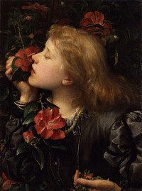 Dame (Alice) Ellen Terry ('Choosing'), by George Frederic Watts (died 1904). The subject is (Alice) Ellen Terry (1847-1928). See source website for additional information.From en:Ellen Terry: In London, during an engagement at the Haymarket Theatre, Terry and her sister Kate had their portraits painted by the eminent artist George Frederick Watts, and he soon proposed marriage. Watts's famous portraits of Terry include "Choosing," in which Terry must select between earthly vanities, symbolised by showy, but scent-less camellias and nobler values symbolised by humble-looking, but fragrant violets. Other famous portraits include "Ophelia" and, together with her sister Kate, "The Sisters." Terry was impressed with the art and elegance of his lifestyle and wished to please her parents by making an advantageous marriage. They married on 20 February 1864, shortly before her 17th birthday, when Watts was 46. During her marriage to Watts, she was uncomfortable in the role of child bride. Terry and Watts were separated after only ten months of marriage, during which she took a break from the stage, returning by 1866.This set of images was gathered by User:Dcoetzee from the National Portrait Gallery, London website using a special tool. All images in this batch have been confirmed as author died before 1939 according to the official death date listed by the NPG.