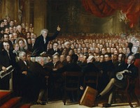 The Anti-Slavery Society Convention, 1840, by Benjamin Robert Haydon (died 1846), given to the National Portrait Gallery, London in 1880 by the British and Foreign Anti-Slavery Society. Oil on canvas, 1841. 117 in. x 151 in. (2972 mm x 3836 mm). See source website for additional information.Quote from the description at the National Portrait Gallery website:This monumental painting records the 1840 convention of the British and Foreign Anti-Slavery Society which was established to promote worldwide abolition. A frail and elderly [Thomas] Clarkson addresses a meeting of over 500 delegates. [...] Haydon later wrote: 'a liberated slave, now a delegate, is looking up to Clarkson with deep interest ... this is the point of interest in the picture, and illustrative of the object in painting it, the African sitting by the intellectual European, in equality and intelligence'.Identified persons in this portrait (based on National Portrait Gallery description) follow. For an image map showing the location of each person in the painting, see image.Abraham Beaumont (1782-1848)Amelia Opie (1769-1853), Novelist and poet; second wife of John OpieAnne Knight (1792-1868)Anne Isabella Byron, Baroness Byron (1792-1860), Wife of Lord ByronB. Godwin, Baptist preacherCharles Edwards Lester, American abolitionistCharles Stovel, Baptist minister and abolitionistCharles Stuart, abolitionist from JamaicaConstantine Richard Moorsom (1792-1861), Vice-AdmiralCyrus Pitt Grosvenor (1792 – 1879) , American abolitionistDaniel O'Connell (1775-1847), Irish politicianDavid TurnbullDr MurchEdward AdeyEdward BaldwinEdward Barrett, Emancipated slave and abolitionistEdward SmithEdward SteaneElizabeth PeaseEton Galusha, American Baptist ministerFrancis Augustus Cox (1783-1853), Baptist preacherFrançois-André Isambert, French, lawyer and abolitionistG.K. PrinceGeorge BennettGeorge Bradburn, American abolitionistGeorge Head HeadGeorge Stacey (1787-1857)George Thompson (1804-1878)George William Alexander (1802-1890), Treasurer of the British and Foreign Anti-Slavery SocietyHenry B. StantonHenry Beckford, Emancipated slave and abolitionistHenry Sterry (1803-1869)Henry TaylorHenry TuckettIsaac Bass (1782-1855)Isaac Crewdson (1780-1844), WriterIsaac Hodgson (1783-1847)J. Harfield TredgoldJ.H. JohnsonJacob Post (1774-1855), QuakerJames Carlile (1784-1854), DivineJames Dean, American abolitionistJames Gillespie Birney (1792-1857), American abolitionistJames Mott, American abolitionistJames WhitehorneJohn Angell James (1785-1859), Independent ministerJohn Beaumont (1788-1862)John Birt, American abolitionistJohn Bowring (1792-1872), Linguist and traveller; Politician and diplomatistJohn Burnet (1789-1862), Pastor of Mansion House Chapel, CamberwellJohn CropperJohn Ellis (1789-1862), Railway promoterJohn Howard Hinton (1791-1873), Baptist ministerJohn Keep, American abolitionistJohn MorrisonJohn ScobleJohn Steer (1780-1856)John SturgeJohn T. Norton, American abolitionistJohn WoodmarkJonathan BackhouseJonathan Miller, American abolitionistJoseph Cooper (1800-1881)Joseph Eaton (1793-1858)Joseph KetleyJoseph Marriage (1807-1884)Joseph Pease (1772-1846), ReformerJoseph Reynolds (1769-1859)Joseph Sams (1784-1860), OrientalistJoseph SoulJoseph Sturge (1793-1859), Quaker and philanthropistJosiah Conder (1789-1855), BooksellerJosiah Forster (1782-1870)Louis Celeste LecesneLucretia Mott (1793-1880), American abolitionistM. L'Instant, Haitian abolitionistMary Clarkson, Daughter-in-law of Thomas ClarksonMrs John Beaumont (1790-1853)Mrs Rawson, Sheffield campaignerMrs Tredgold, British South AfricanNathaniel Colver, American abolitionistPeter Clare (1781-1851), secretary of the Literary and Philosophical Society of ManchesterProfessor Adam, American slavery abolitionistRichard Allen (1787-1873) from DublinRichard Barrett (1784-1855)Richard D. WebbRichard Peek ex Sheriff from DevonRichard RathboneRichard Robert Madden (1798-1886), WriterRichard Sterry (1785-1865)Richard Tapper Cadbury (1768-1860), Birmingham manufacturerRobert Forster (1792-1871)Robert Kaye Greville (1794-1866), BotanistSamuel Bowly (1802-1884), Quaker and anti-slavery agitatorSamuel Fox (1781-1868)Samuel Gurney (1786-1856), 'The Banker's Banker'; philanthropistSamuel Jackman Prescod, abolitionist from BarbadosSamuel Lucas (1811 – 1865), later editor of the Morning StarSamuel Wheeler (1776-1858)Saxe Bannister (1790-1877), PamphleteerSir Edward Baines (1800-1890), JournalistSir John Eardley Eardley-Wilmot, 1st Bt (1783-1847)Sir John Jeremie (1795-1841), Colonial judgeSir Thomas Fowell Buxton, 1st Bt (1786-1845), PhilanthropistStafford Allen (1806-1889)Stephen Lushington (1782-1873), JudgeT.M. McDonnellThomas Binney (Benny) (1798-1874), Nonconformist divineThomas BulleyThomas Clarkson (1760-1846)Thomas Clarkson, Grandson of Thomas ClarksonThomas MorganThomas PinchesThomas PriceThomas ScalesThomas SwanW.T. BlairWendell Phillips (1811-1884), American abolitionistWilliam Allen (1770-1843), Chemist and philanthropistWilliam Beaumont (1790-1869)William BevanWilliam BoultbeeWilliam Brock (1807-1875), Dissenting divineWilliam Dawes, American abolitionistWilliam DillworthWilliam Fairbank (1771-1846)William Forster (1784-1854), Quaker philanthropist and ministerWilliam JamesWilliam KayWilliam Knibb (1803-1845), MissionaryWilliam Leatham (1783-1842)William MorganWilliam Smeal (1792-1877)William Tatum (1783-1862)William TaylorWilliam Wilson