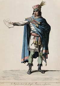 Hand-coloured etching showing a male figure modeling the costume designed by David for legislators. "Le représentant du peuple François en fonction / David inv. ; Denon scul."