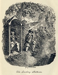 From George Cruikshank's illustrations to Laurence Sterne's Tristram Shandy. Plate VIII: The Smoking Batteries.Uncle Toby is in the sentry box, the corporal on the right. Basically, the corporal has invented a way to make multiple cannons be fired at once, by using the principles of a hookah - when a puff is taken, the cannons fire. Unfortunately, the two find the puffing a little too enjoyable...