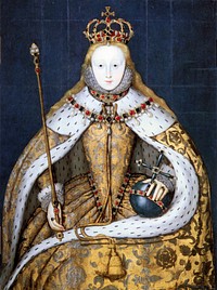 Queen Elizabeth I of England in her coronation robes, patterned with Tudor roses and trimmed with ermine. She wears her hair loose, as traditional for the coronation of a queen, perhaps also as a symbol of virginity. The painting, by an unknown artist, dates to the first decade of the seventeenth century (NPG gives c.1600) and is based on a lost original also by an unknown artist.