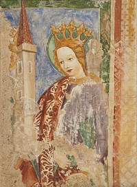 Saint Barbara painting, National Gallery of Slovenia, the copy of church fresco from 1453 in Crngrob, Slovenia. Original by master Bolfgang 1453; copy Dušan Petrič 1949