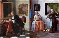 Man Writing Letter and Woman Reading Letter, two paintings by Gabriël Metsu combined into a dyptich