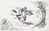 "Knight in armor tilting at man in modern dress in tree onto which a man in modern dress has climbed for refuge", "Published as frontispiece in: A Connecticut Yankee in King Arthur's Court / Samuel Clemens. New York : Charles L. Webster & Co., 1889. ", "1 drawing : pen and ink over graphite underdrawing ; sheet 36 x 57.1 cm."