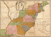 Map of the United States : exhibiting the post-roads, the situations, connexions & distances of the post-offices, stage roads, counties & principal rivers; Scale [ca. 1:1,940,000]; [5th ed.] Philadelphia : Made and sold by Caldcleugh and Thomas, [1804] Relief shown pictorially. Also shows townships in parts of Maine, New York, and Indiana Territory. Illinois (not named) is shown as part of Indiana Territory. Slipcase title and publisher's statement from printed labels affixed to slipcase. Earliest state of the 5th ed. Prime meridian: Washington D.C. "Entered according to the Act of Congress the 2nd day of June 1804 by Abraham Bradley Jun'r of the District of Columbia." Sectioned (to 36 panels) and mounted on cloth backing to fold to 23 x 17 cm. Imperfect: Lightly foxed, worm-holed in margin, slip-case flattened. Includes notes in map area and inset "Map of North America" (scale ca. 1:17,000,000).