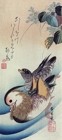 "Oshidori", trans. "Mandarin Ducks" Color woodcut."Out in a morning wind,Have seen a pair of mandarin ducks parting.Even the best loving couple makes a quarrel."