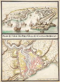 Project plan of the fortifications of the city of Brest. In the military fortification plan of this period, by convention, the existing parts are in magenta / red and the project parts are in yellow. Above the map there is a copy of the cavalier view of the city of Brest by Antoine Aveline.
