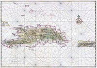 Nautical chart of Hispaniola and Puerto Rico. Ink and watercolor with pictorial relief.
