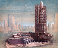 "The Concourse, Beach Road, Singapore (first scheme). Aerial perspective. Rendering." Graphite and color pencil. Restored version of File:Concourse Singapore2.jpg. Cropped. Dirt and stains removed. Depigmented and torn areas reconstructed. Scratches repaired. Sharpness, brightness, contrast, and other adjustments applied to correct areas that did not lie flat during duplication. Corrected for uneven paper fade. Histogram adjusted and colors balanced. This version compressed for viewers with slow connections.