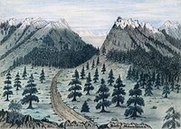 Rocky Mountains, Cherokee Pass: "Drawing shows a dirt trail among pine trees leading toward a heavily forested pass between snow-capped mountains. This pass, near present-day Ft. Collins, Colorado, heads north toward the Oregon and California Trail. This was camp 59 for Jenks' party on Tuesday, June 7, 1859. He wrote of that day's camp, 'Our wagons had to be chained to keep them in their places, the hillside was so steep.'" "1 drawing on paper: graphite, ink, watercolor and crayon"