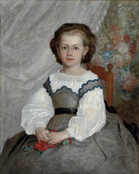 This painting may be Renoir's earliest signed canvas. Its sensitive display of color and light communicates an ideal of delicate, youthful beauty. The luminous tones of the background drapery and of the child's white blouse result from the artist's careful observation of reflected light and color on translucent materials. The delicate nuances of color, particularly in the young girl's face, reveal Renoir's previous training as a decorator of porcelain. He painted this portrait, commissioned by the vacationing Lacaux family, during his stay at an artist's colony in the village of Barbizon, near Paris.