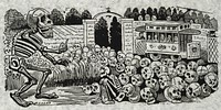 "Gran calavera eléctrica" (Grand electric skull) "Print shows large skeleton hypnotizing a group of skulls and a sitting skeleton; an electric street car, with skeletons as passengers, is in the background." "1 print on white fabric : relief etching ; 21.4 × 34 cm. (sheet)." Created by José Guadalupe Posada