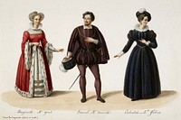 Costume designs for Giacomo Meyerbeer's Les Huguenots, No 2. Julie Dorus-Gras as Marguerite, Adolphe Nourrit as Raoul, and Cornélie Falcon as Valentine, for the Académie Royale de Musique-Le Peletier performance that opened 29 February 1836. Watercolour; probably 210 x 310 mm (Gallica lists ranges when multiple objects are in a set. The exact description is: "aquarelle ; H. 120-210 x L. 080-310 mm - of which I'm presuming the smaller numbers refers to the single drawing. The crop is minimal.)