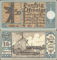50 Pfennig "Notgeld" banknote (emergency money) of Berlin, distrikt Köpenick (1921), size: 55 mm x 105 mm.