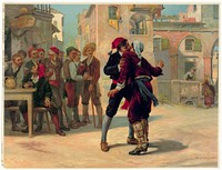 "Sizilianische Bauernehre. Pietro Mascagni : Cavalleria Rusticana" - Scene from near the end of the opera, where Alfio and Turiddu embrace as part of the ceremony before their duel.