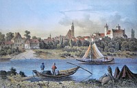 Fishermans from Lorenzkirch in front of Strehla, Saxony, Germany. Coloured steel engraving "Strehla (in Sachsen)" by J. Umbach, pub. by G.G. Lange, Darmstadt.