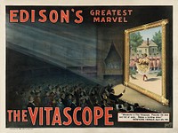 Poster for The Vitascope showing a movie audience, watching a large screen with women dancing on it. A small orchestra plays in front of the screen. The theatre has a box which several more people have packed into.The Library of Congress places the scene in New York, this, combined with the date, would make this the April 23, 1896 reveal of the technology at Koster and Bial's Music Hall in New York City.Lithographic colour poster, height: 97 cm (38.1 in); width: 73 cm (28.7 in)29057B U.S. Copyright Office